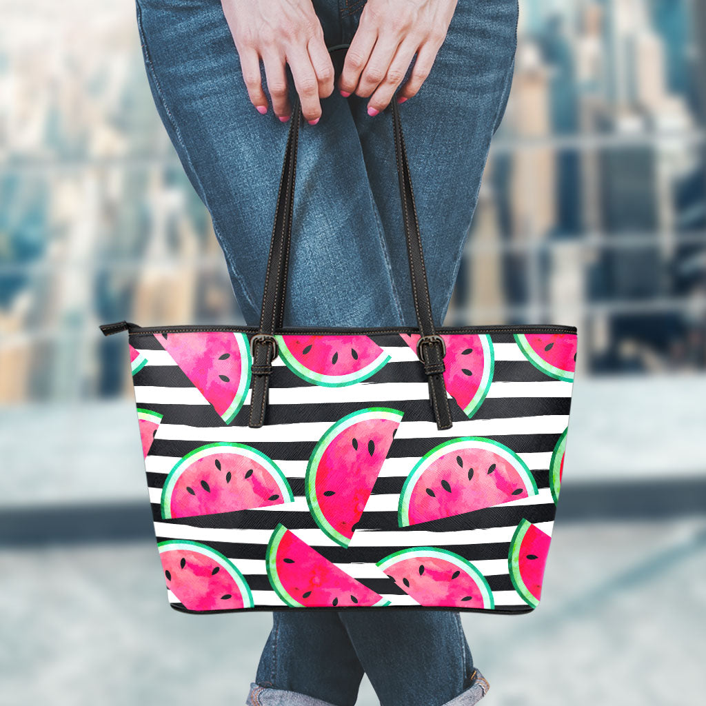 Black Striped Watermelon Pattern Print Leather Tote Bag