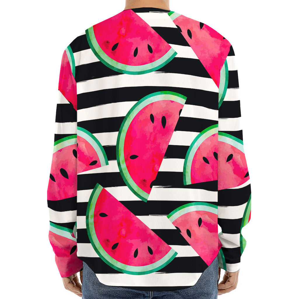 Black Striped Watermelon Pattern Print Long Sleeve Baseball Jersey