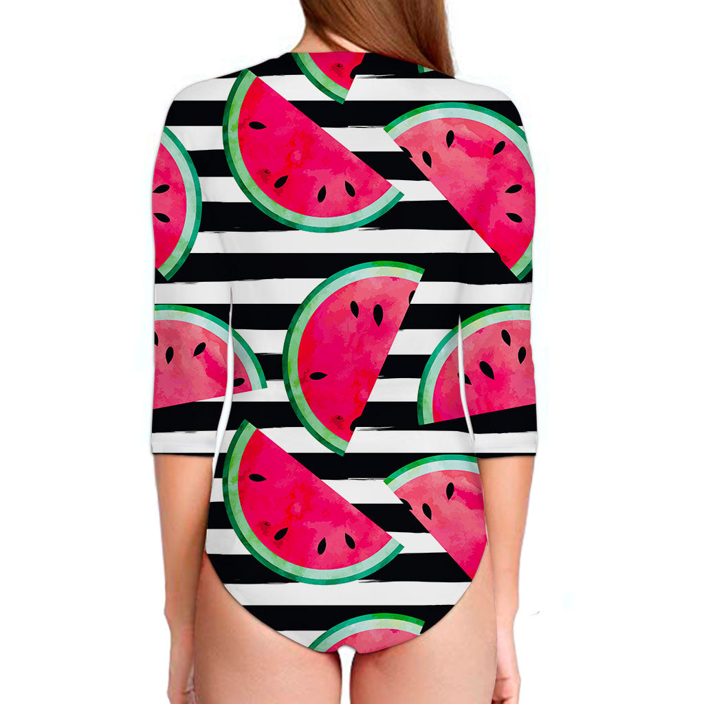 Black Striped Watermelon Pattern Print Long Sleeve Swimsuit