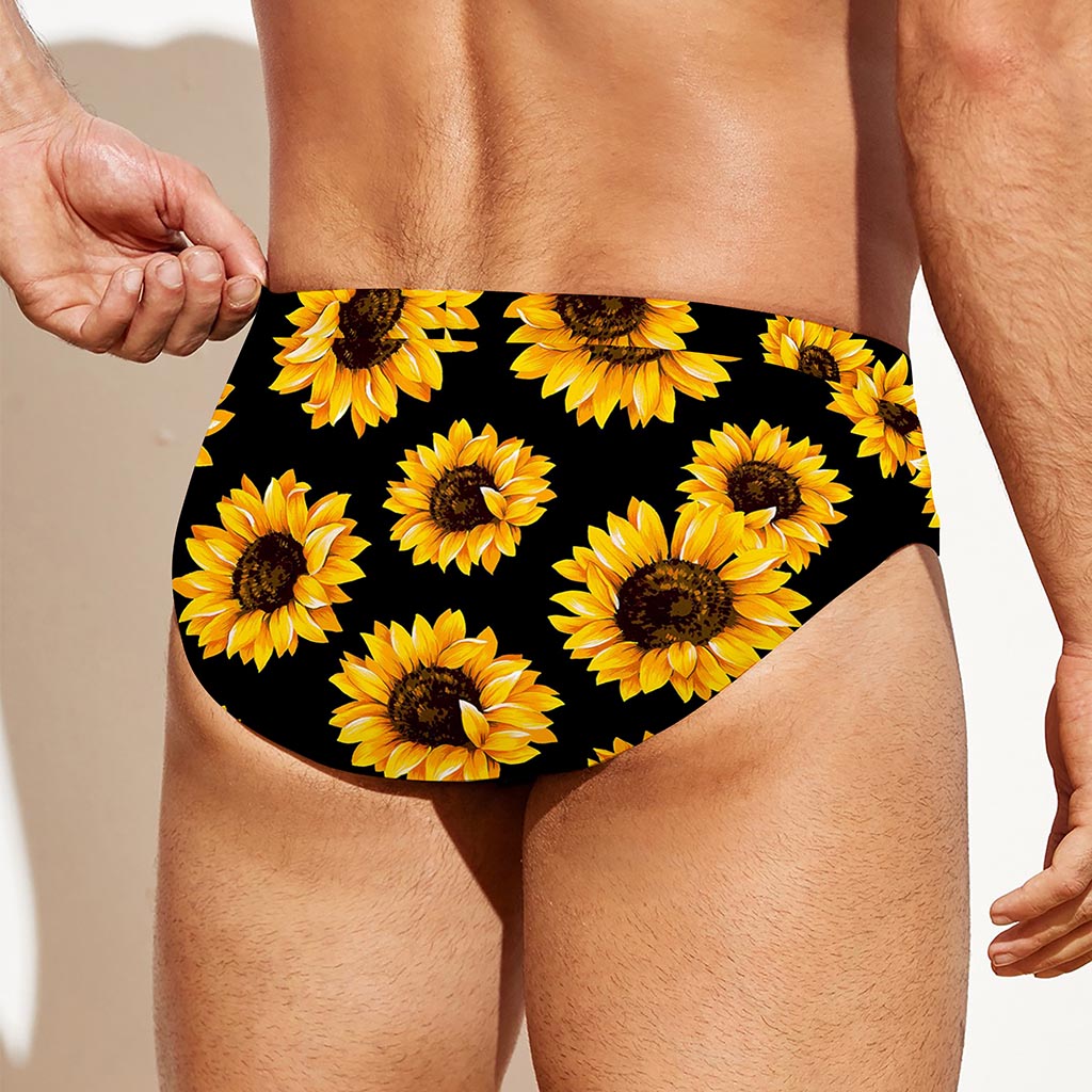 Black Sunflower Pattern Print Men's Swim Briefs