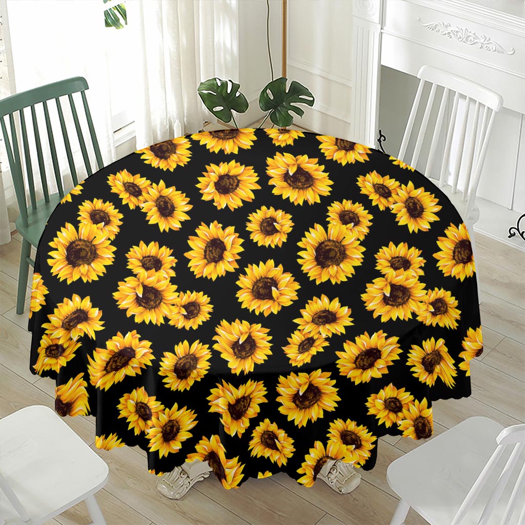 Black Sunflower Pattern Print Waterproof Round Tablecloth