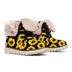 Black Sunflower Pattern Print Winter Boots