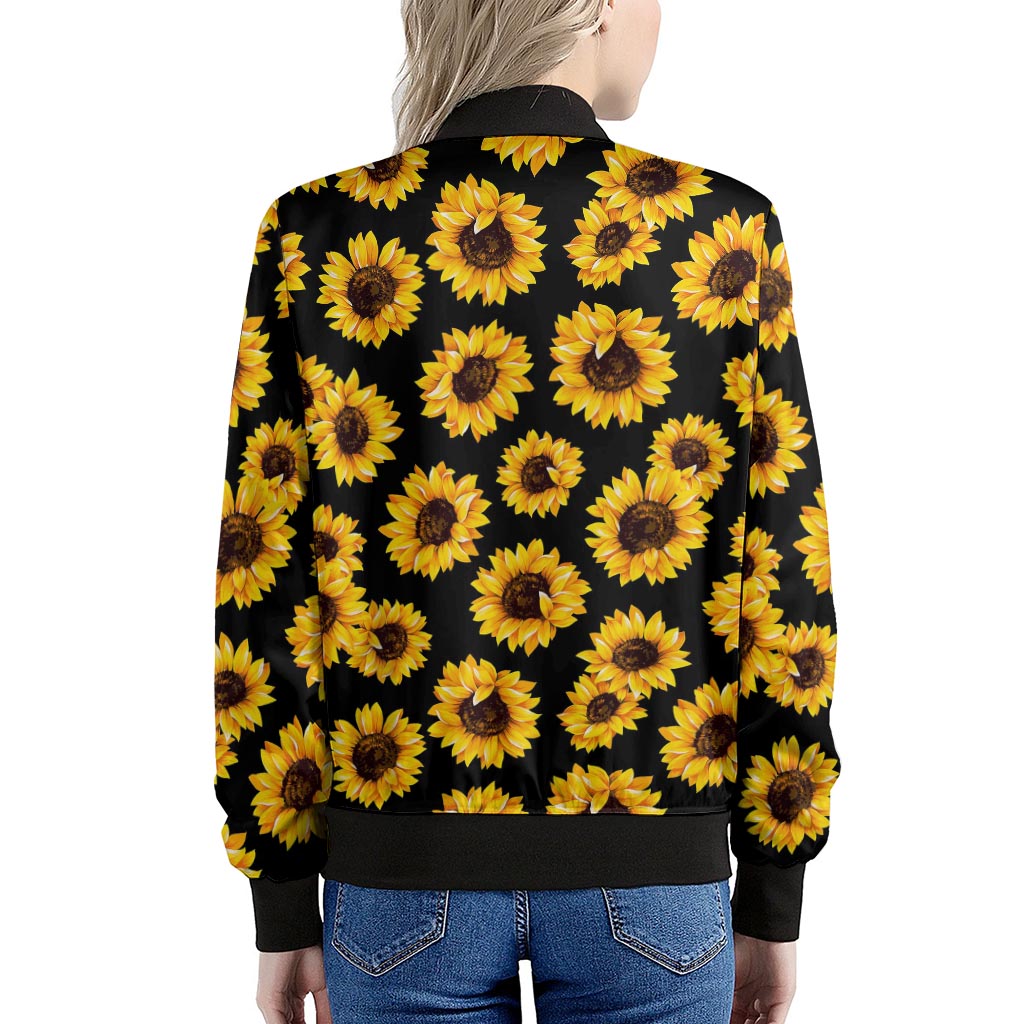 Black Sunflower Pattern Print Women's Bomber Jacket