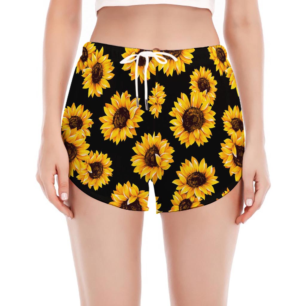 Black Sunflower Pattern Print Women's Split Running Shorts