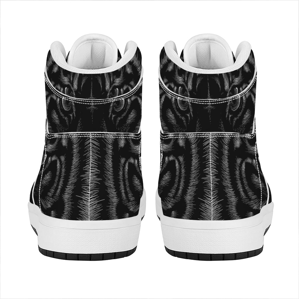 Black Tiger Portrait Print High Top Leather Sneakers