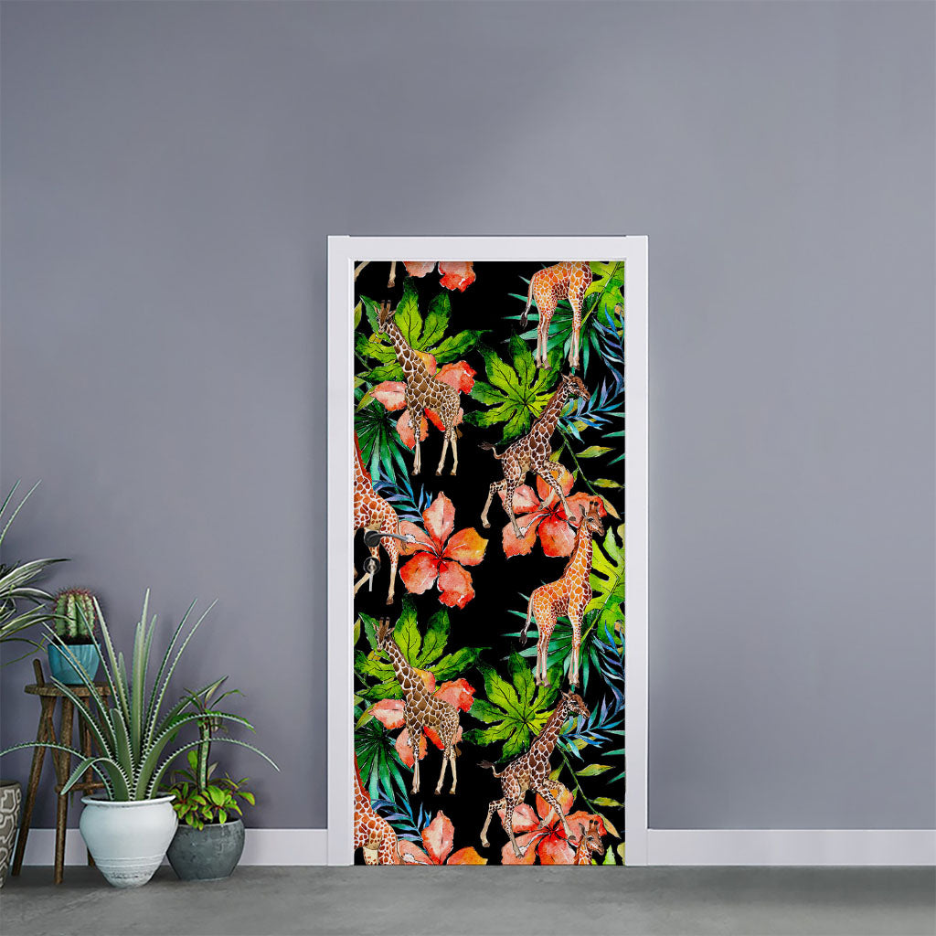 Black Tropical Giraffe Pattern Print Door Sticker