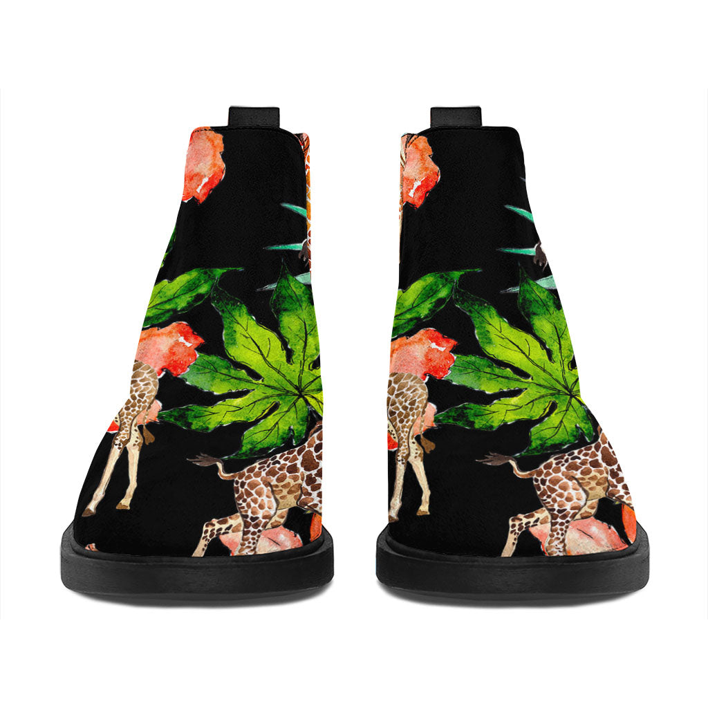 Black Tropical Giraffe Pattern Print Flat Ankle Boots