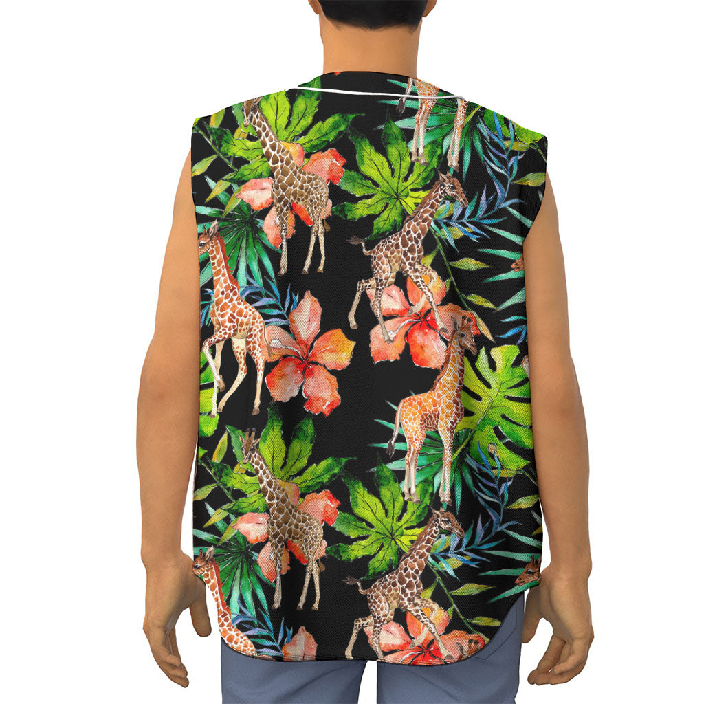 Black Tropical Giraffe Pattern Print Sleeveless Baseball Jersey