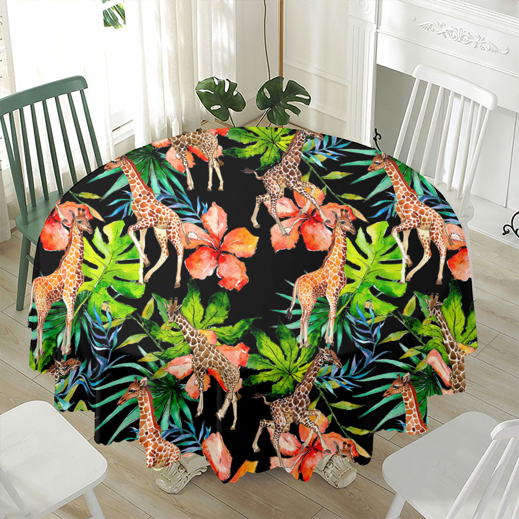 Black Tropical Giraffe Pattern Print Waterproof Round Tablecloth