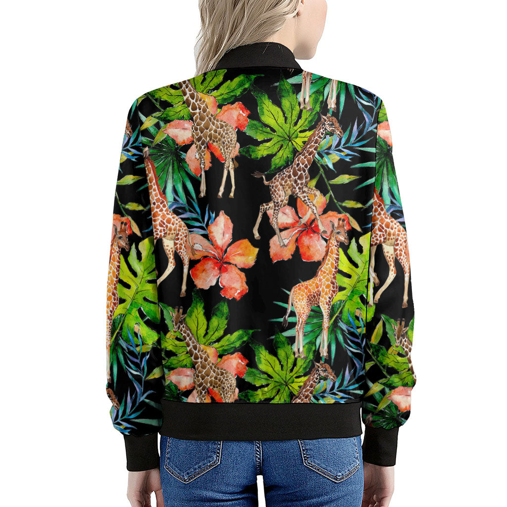 Black Tropical Giraffe Pattern Print Women's Bomber Jacket
