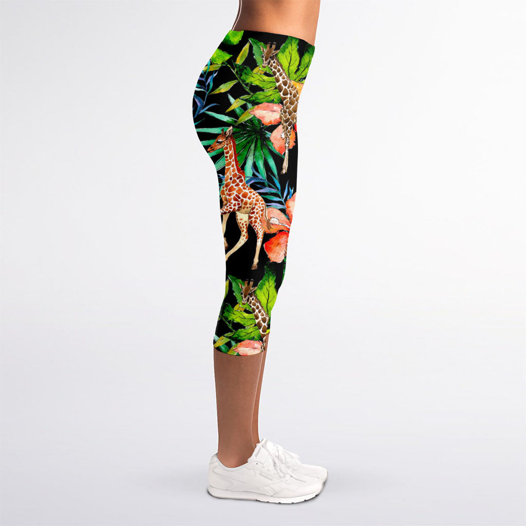 Black Tropical Giraffe Pattern Print Women's Capri Leggings