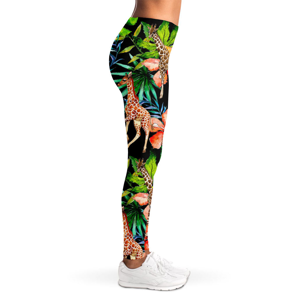Black Tropical Giraffe Pattern Print Women's Leggings