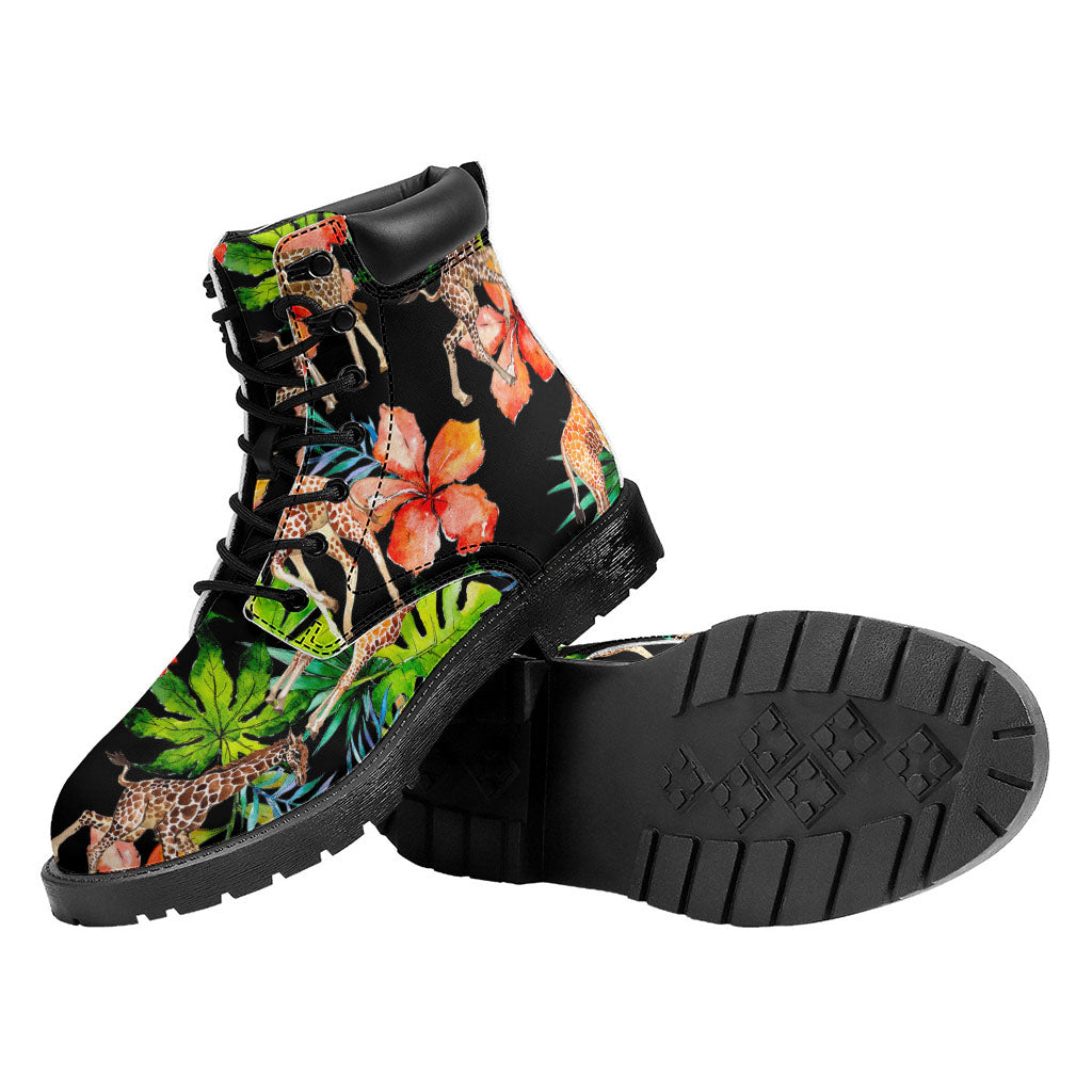 Black Tropical Giraffe Pattern Print Work Boots