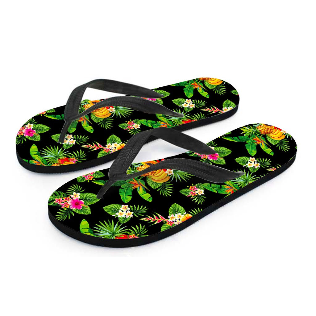 Black Tropical Hawaiian Pattern Print Flip Flops