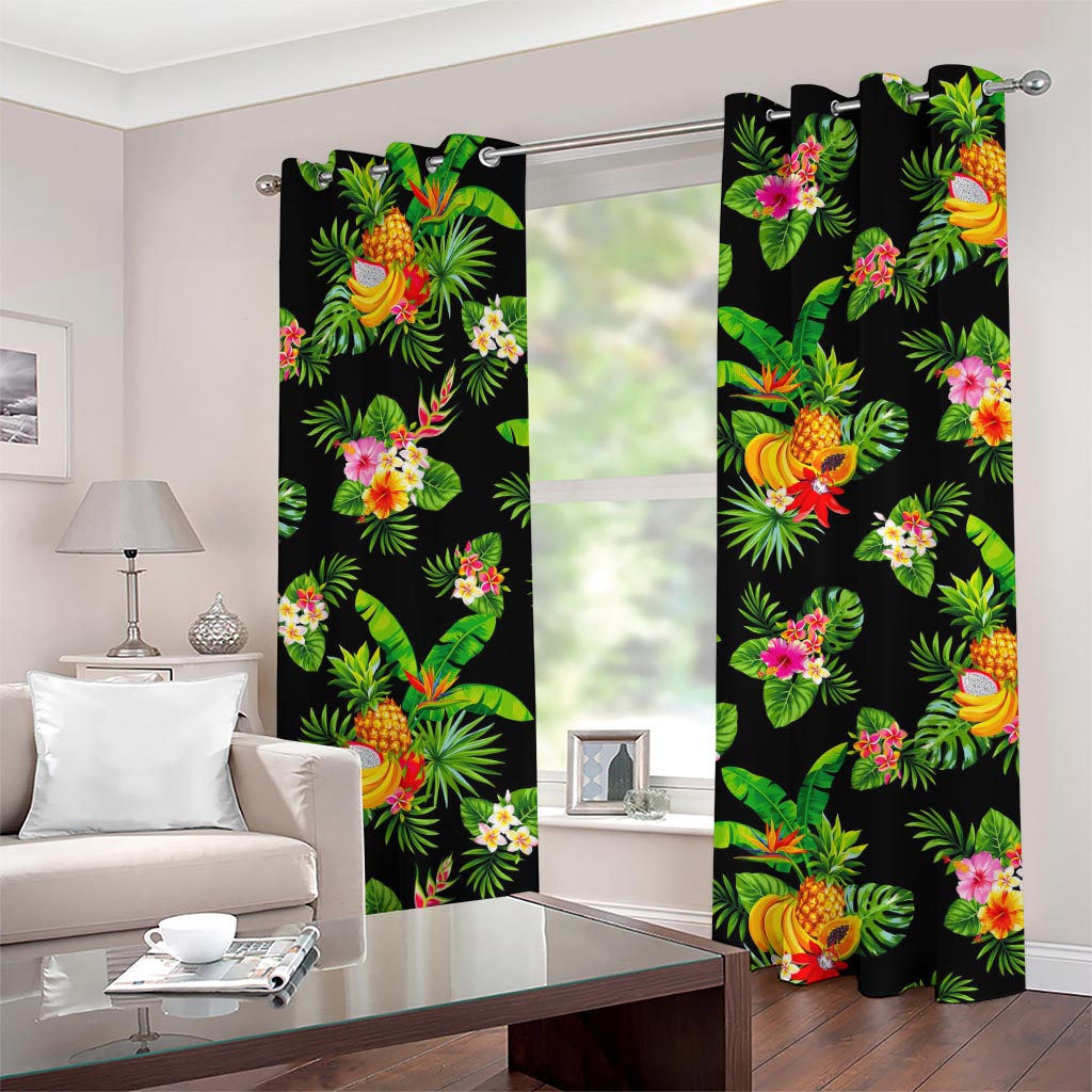 Black Tropical Hawaiian Pattern Print Grommet Curtains
