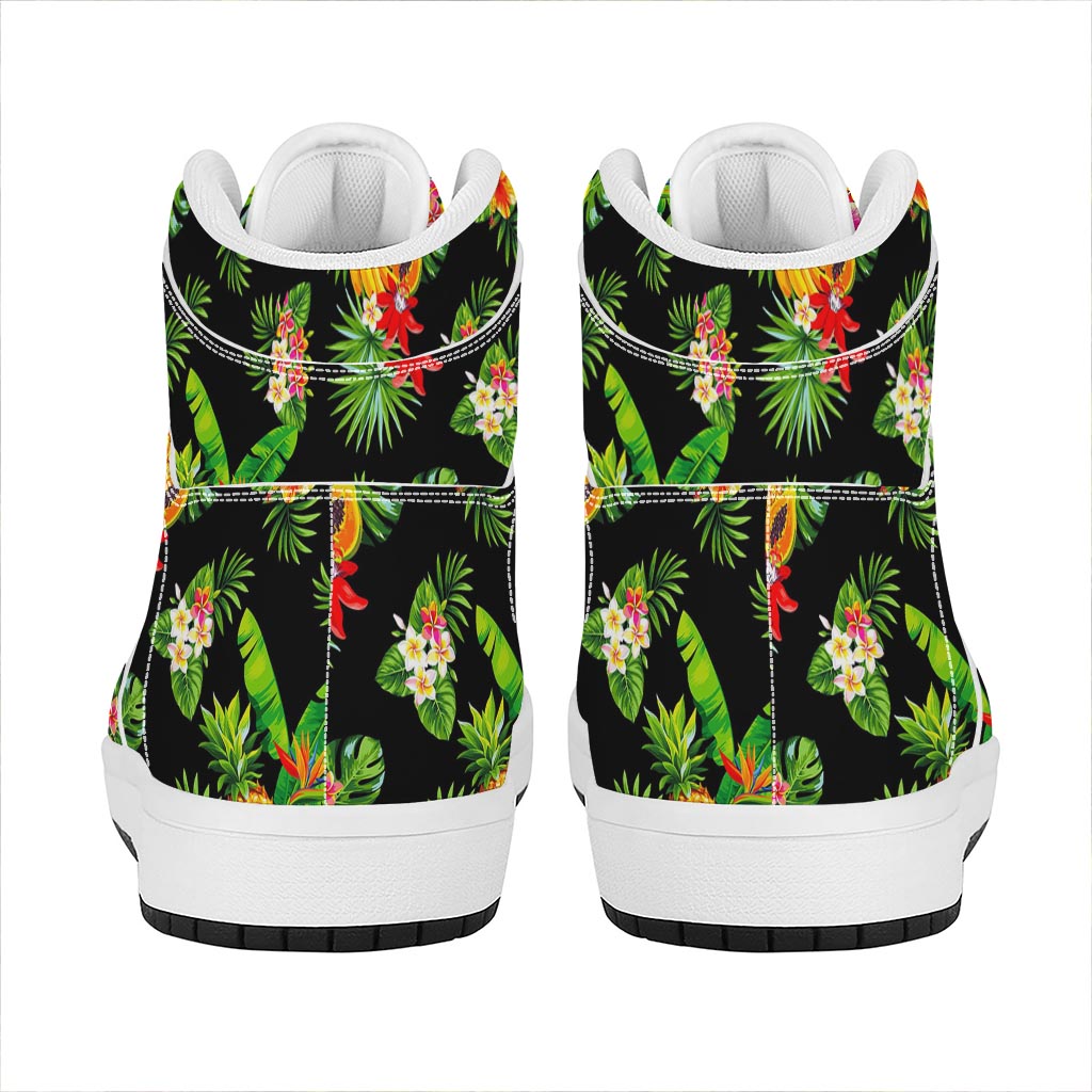 Black Tropical Hawaiian Pattern Print High Top Leather Sneakers