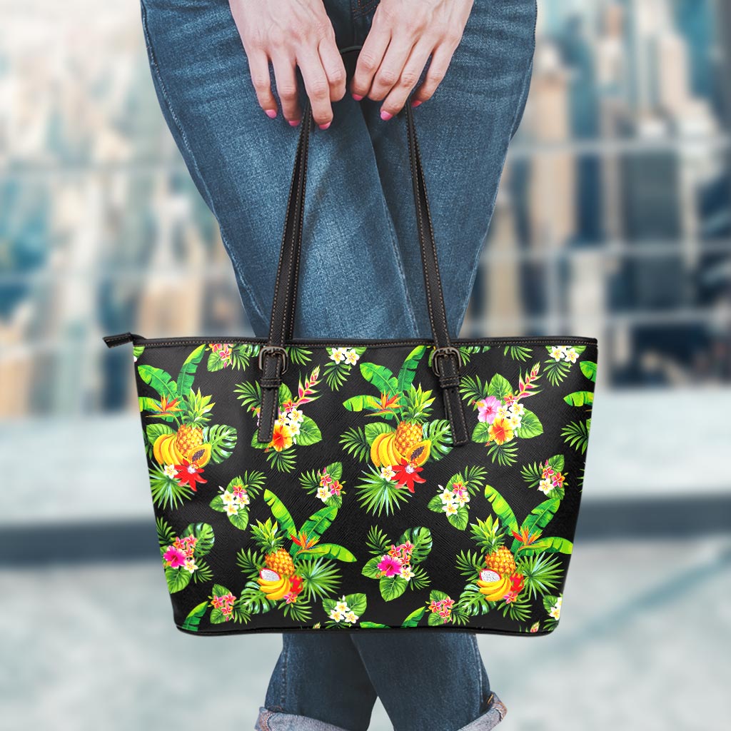 Black Tropical Hawaiian Pattern Print Leather Tote Bag