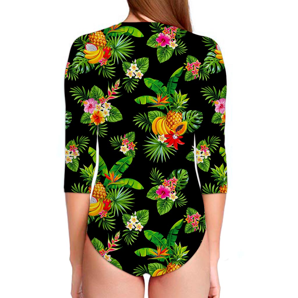 Black Tropical Hawaiian Pattern Print Long Sleeve Swimsuit
