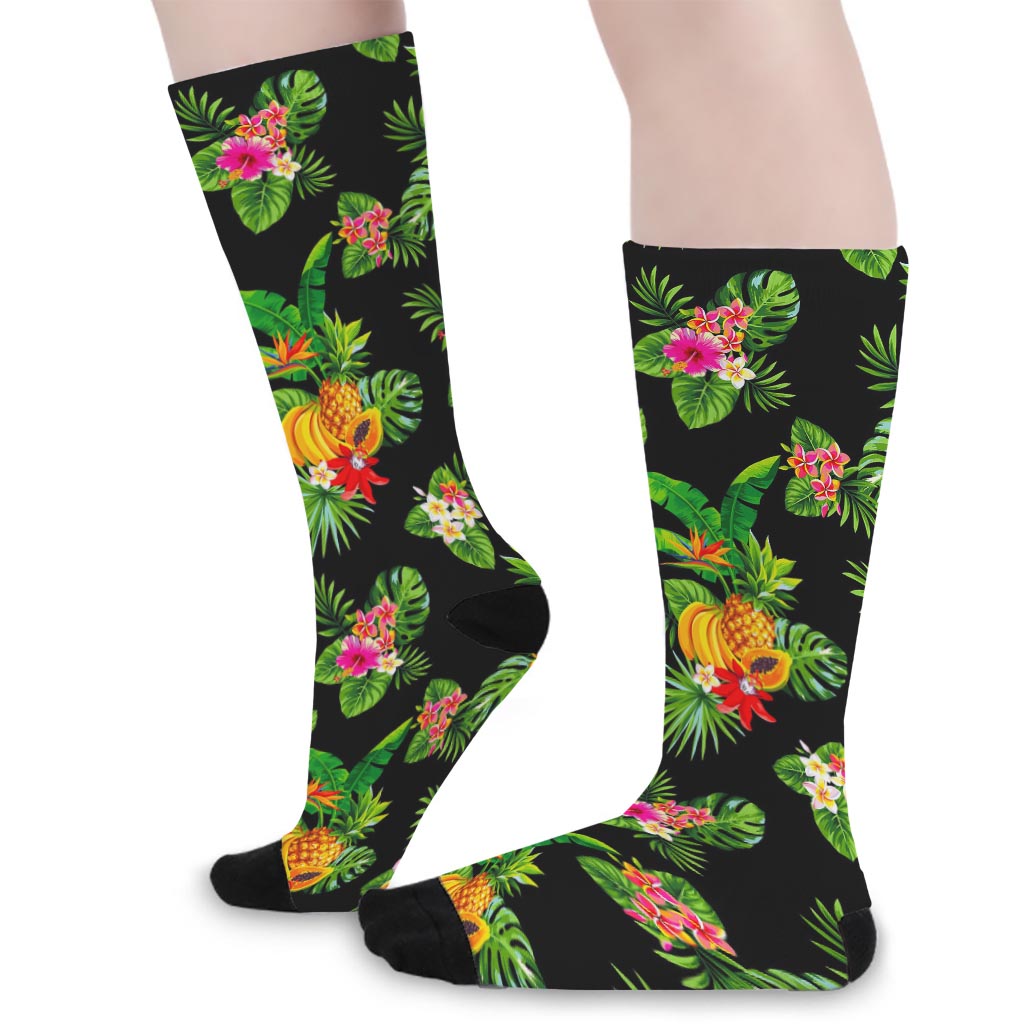 Black Tropical Hawaiian Pattern Print Long Socks