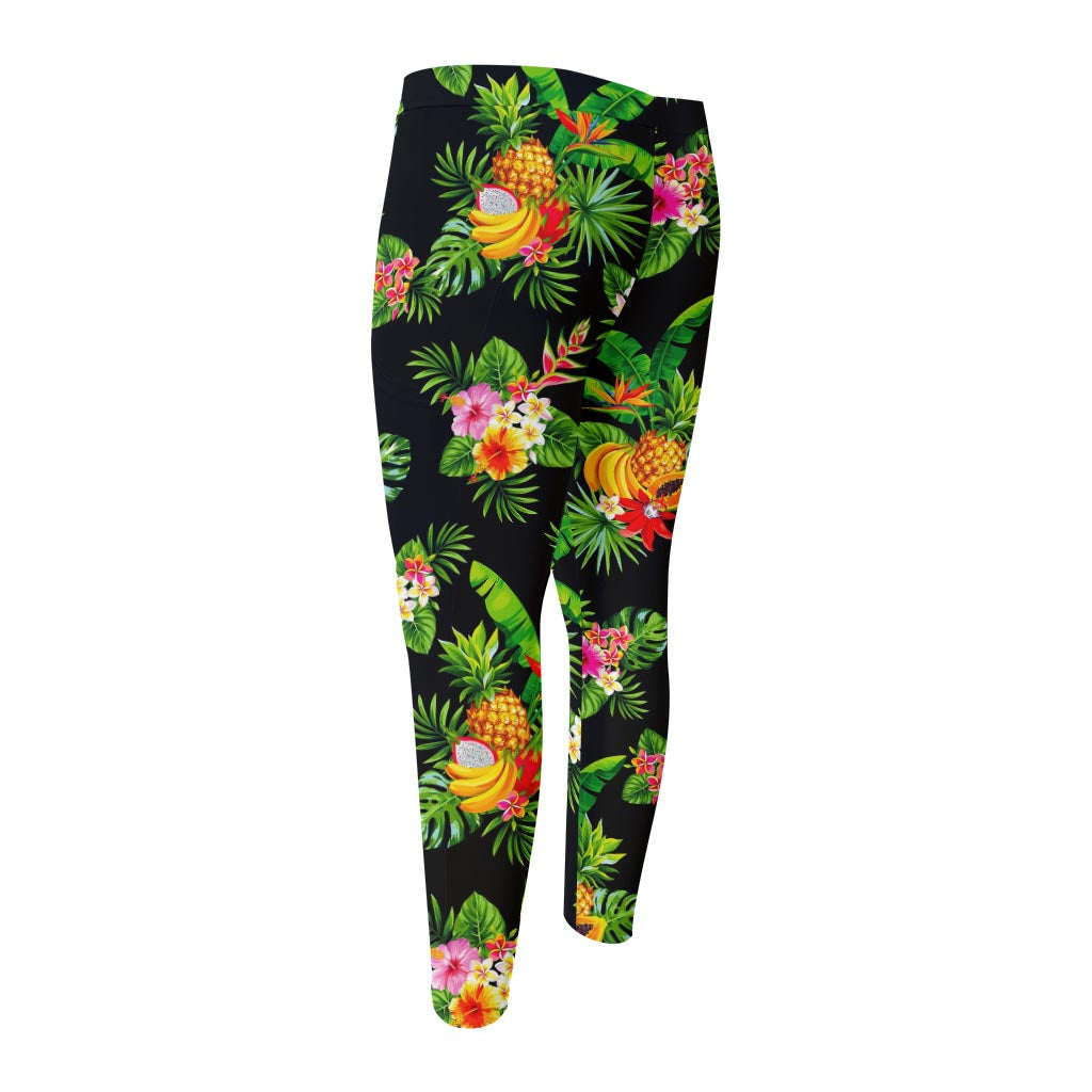 Black Tropical Hawaiian Pattern Print Men's Compression Pants