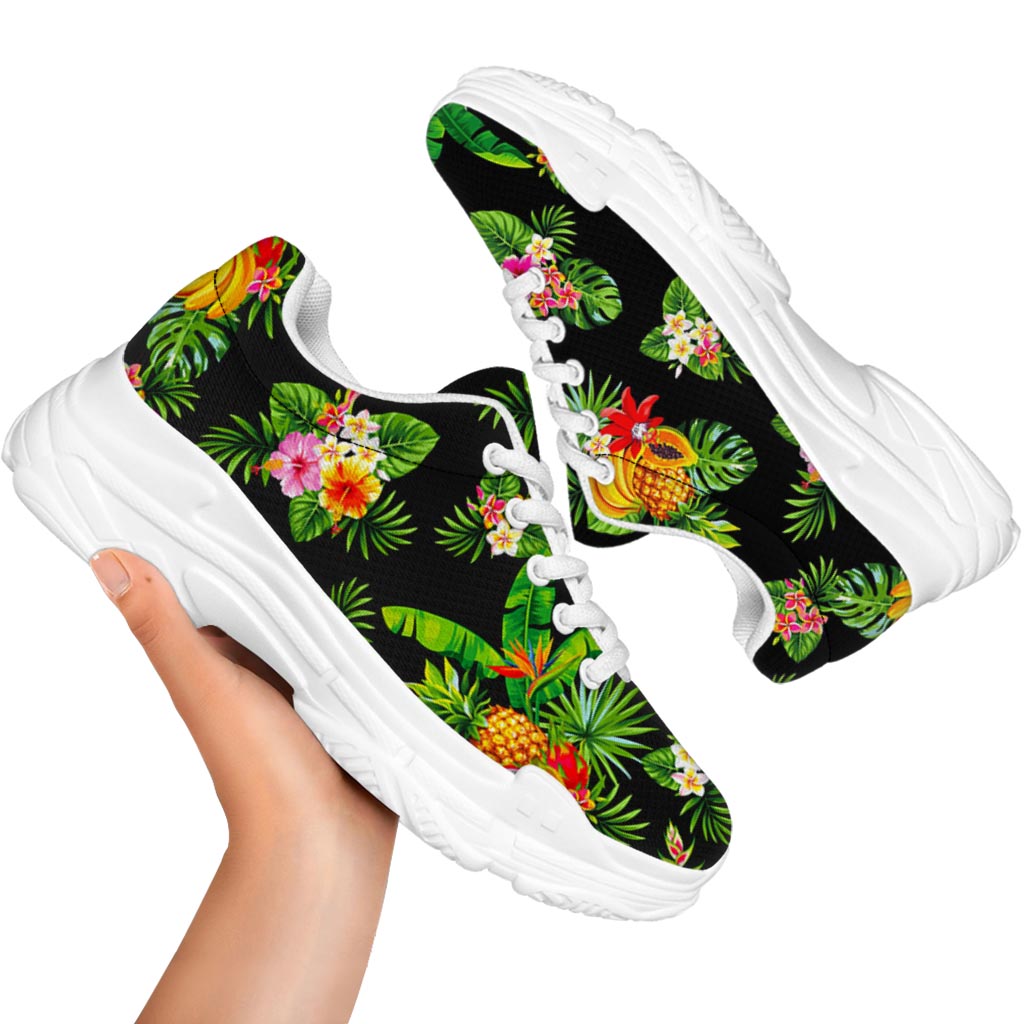 Black Tropical Hawaiian Pattern Print White Chunky Shoes