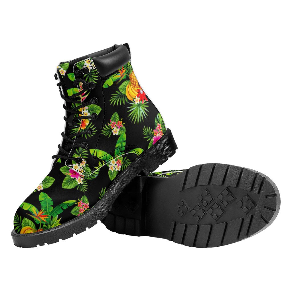 Black Tropical Hawaiian Pattern Print Work Boots