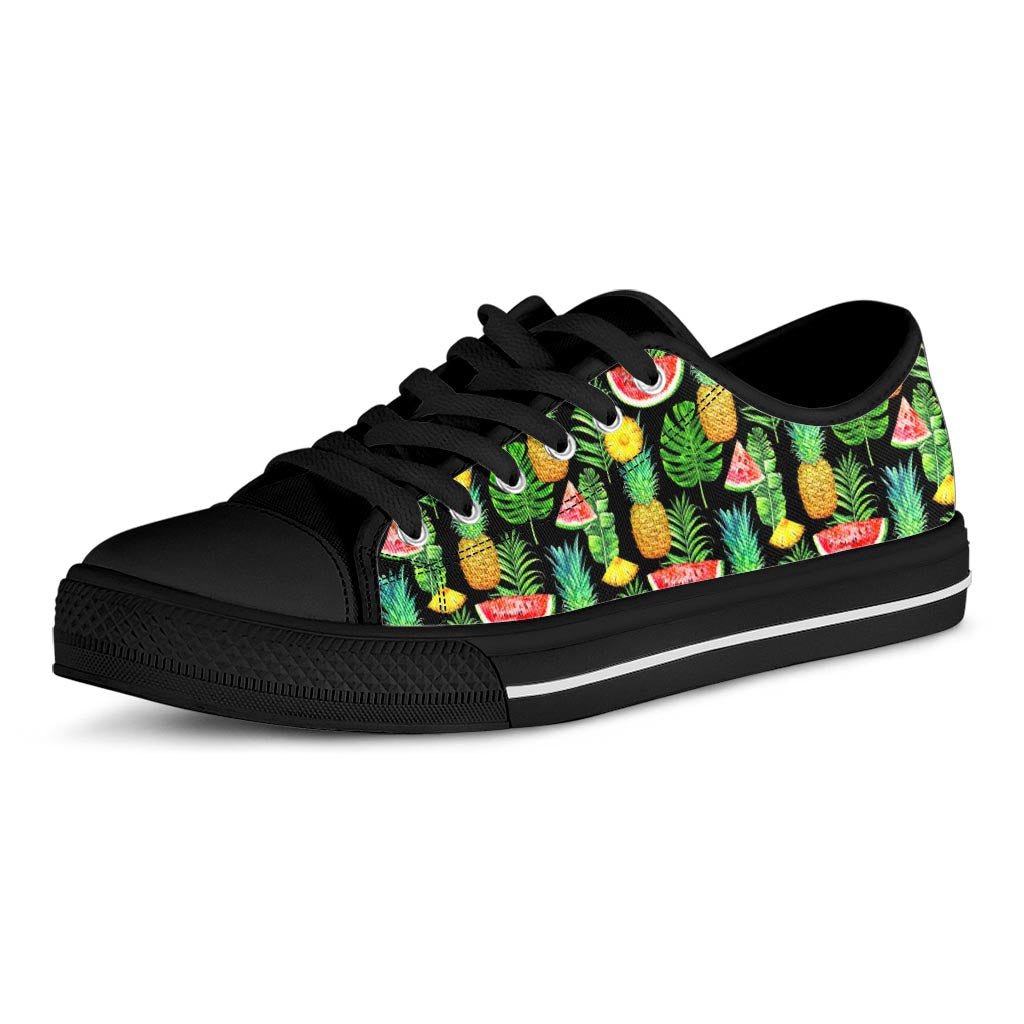 Black Tropical Pineapple Pattern Print Black Low Top Sneakers