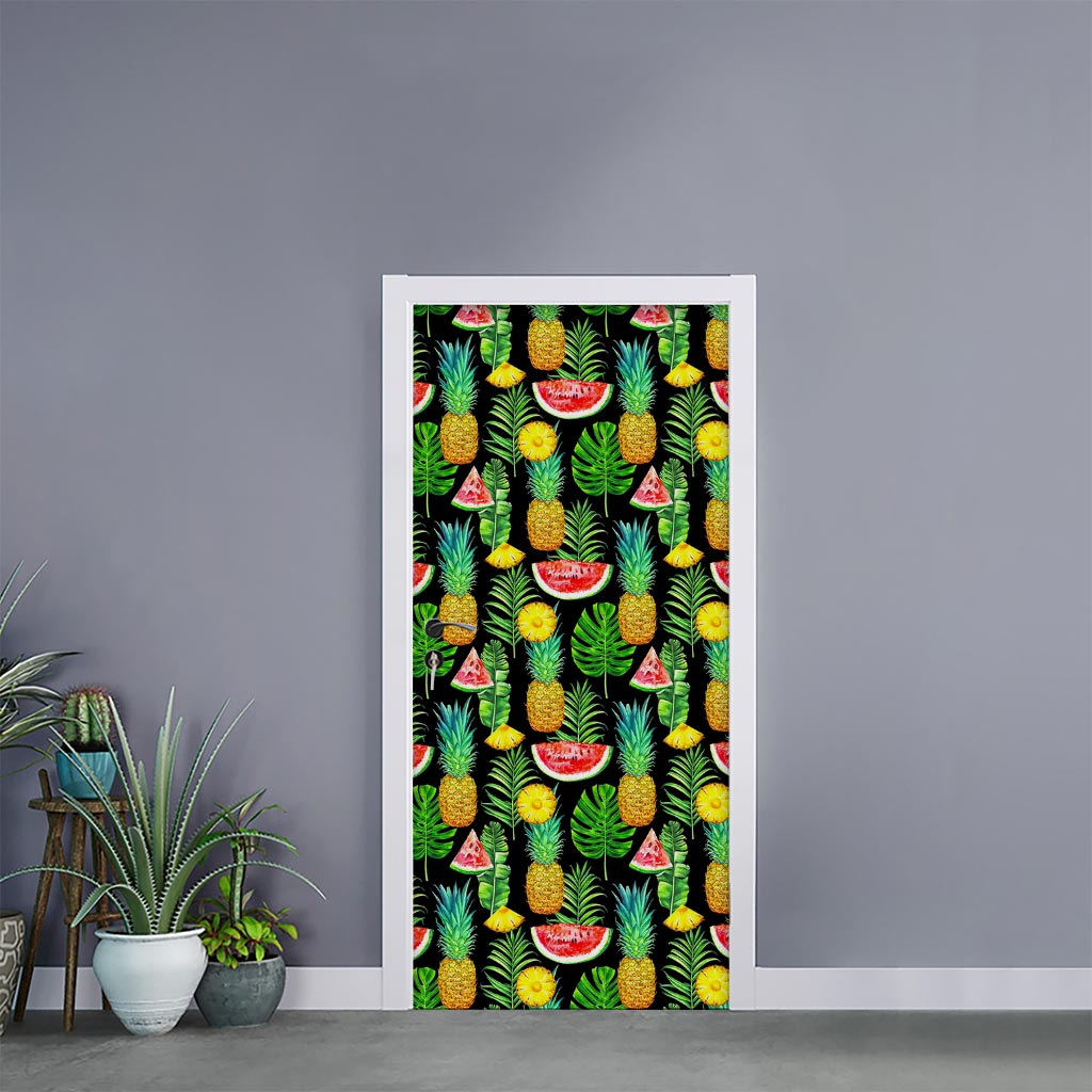 Black Tropical Pineapple Pattern Print Door Sticker