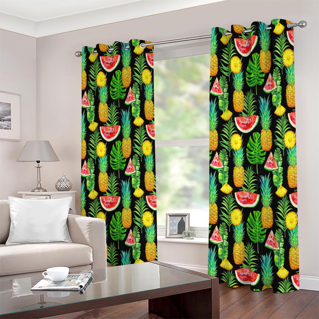 Black Tropical Pineapple Pattern Print Extra Wide Grommet Curtains