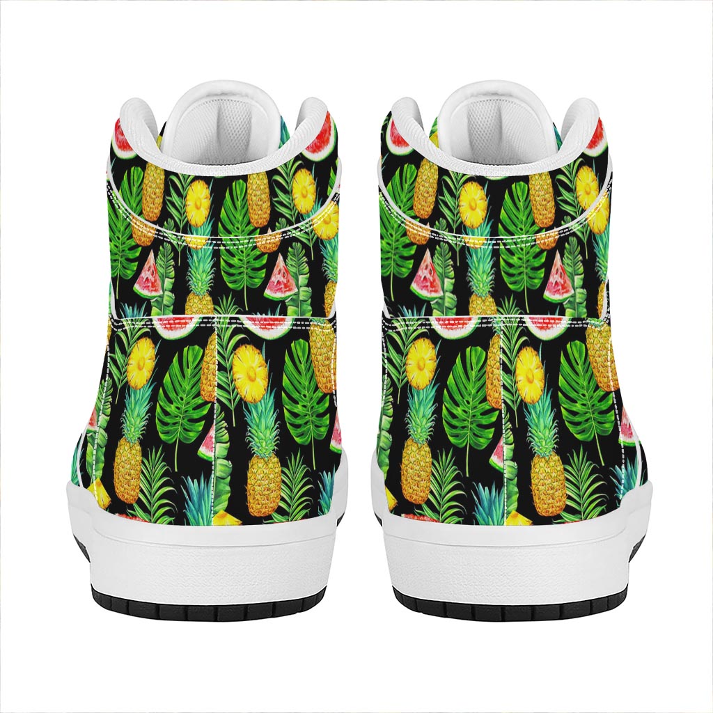 Black Tropical Pineapple Pattern Print High Top Leather Sneakers