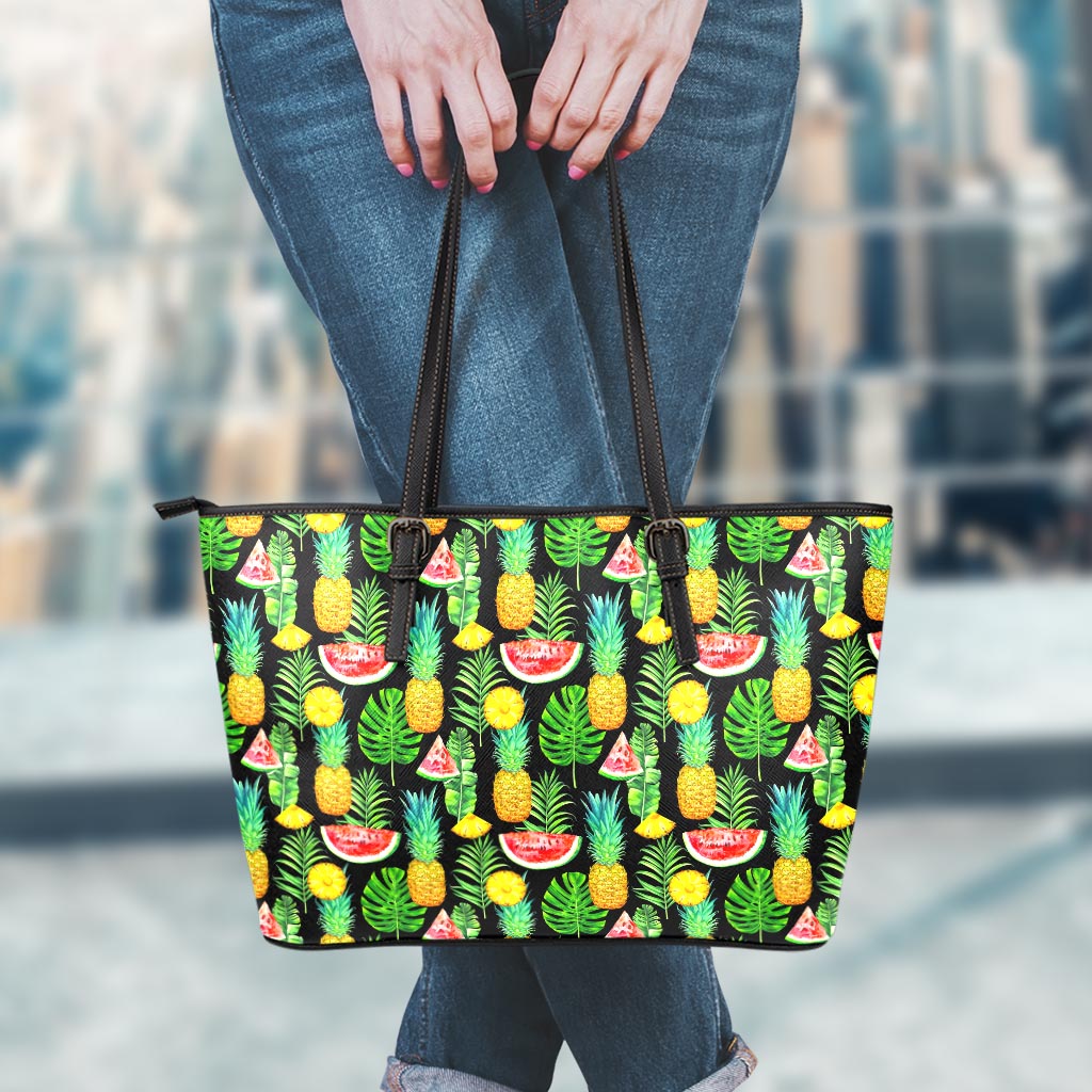 Black Tropical Pineapple Pattern Print Leather Tote Bag