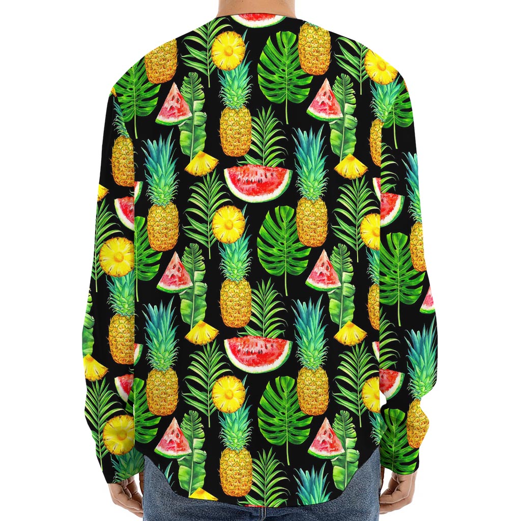 Black Tropical Pineapple Pattern Print Long Sleeve Baseball Jersey