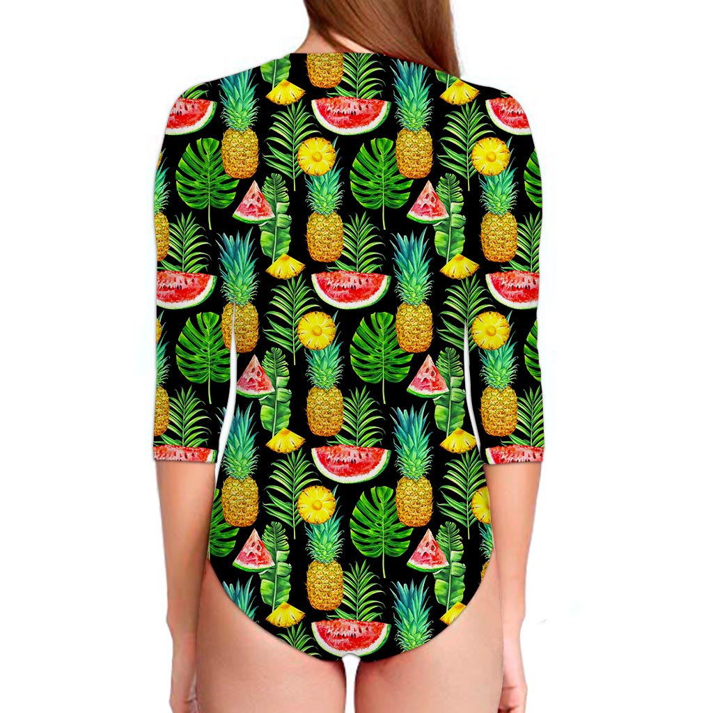 Black Tropical Pineapple Pattern Print Long Sleeve Swimsuit