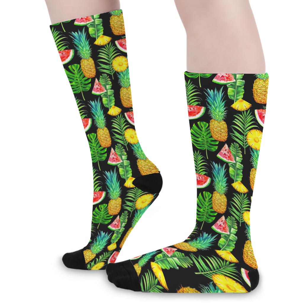 Black Tropical Pineapple Pattern Print Long Socks