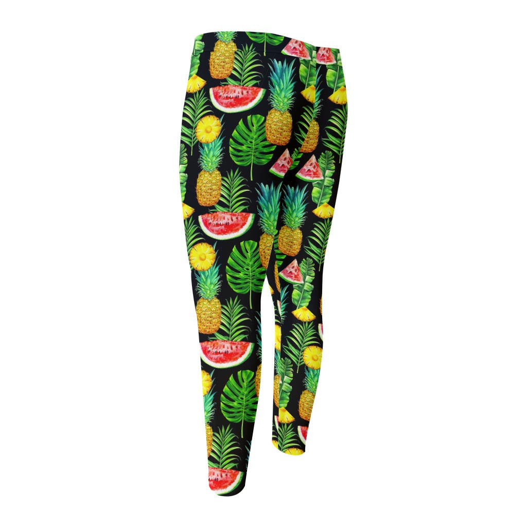 Black Tropical Pineapple Pattern Print Men's Compression Pants
