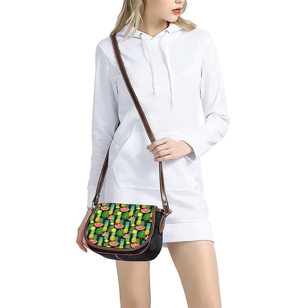 Black Tropical Pineapple Pattern Print Saddle Bag