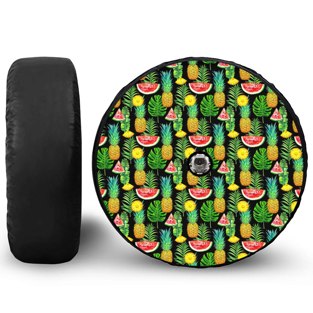 Black Tropical Pineapple Pattern Print Tire Cover With Camera Hole