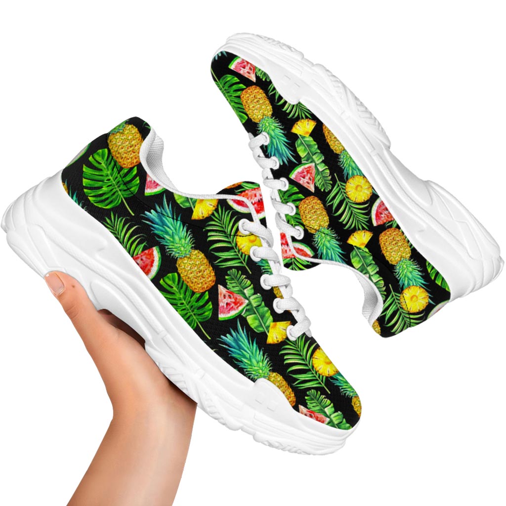 Black Tropical Pineapple Pattern Print White Chunky Shoes