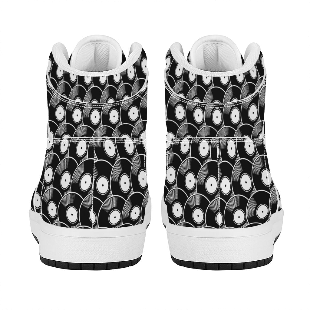Black Vinyl Record Pattern Print High Top Leather Sneakers