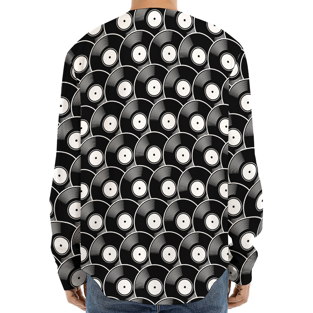 Black Vinyl Record Pattern Print Long Sleeve Baseball Jersey
