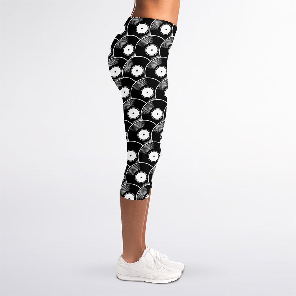 Black Vinyl Record Pattern Print Women's Capri Leggings