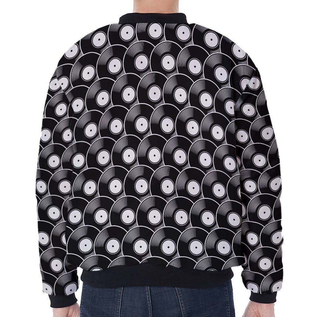 Black Vinyl Record Pattern Print Zip Sleeve Bomber Jacket