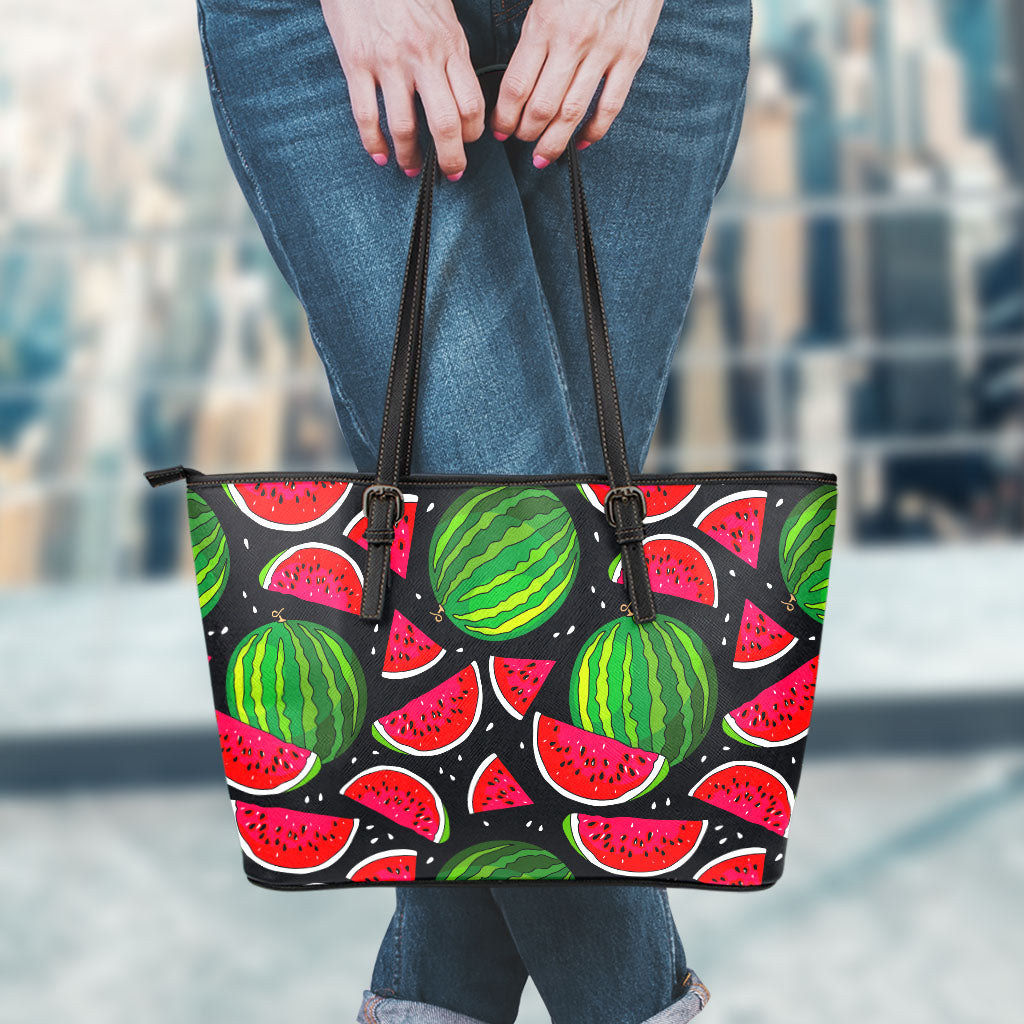 Black Watermelon Pieces Pattern Print Leather Tote Bag