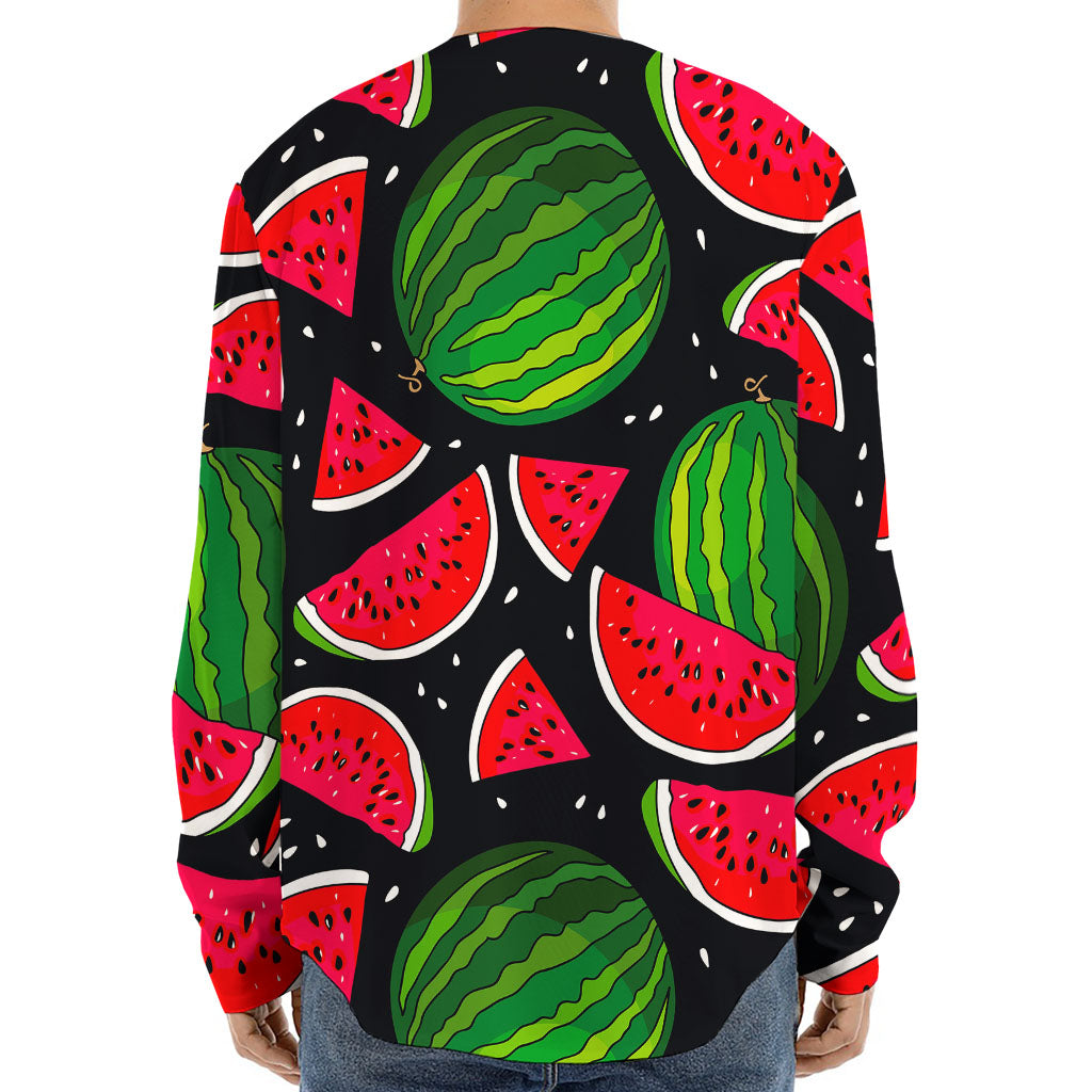 Black Watermelon Pieces Pattern Print Long Sleeve Baseball Jersey