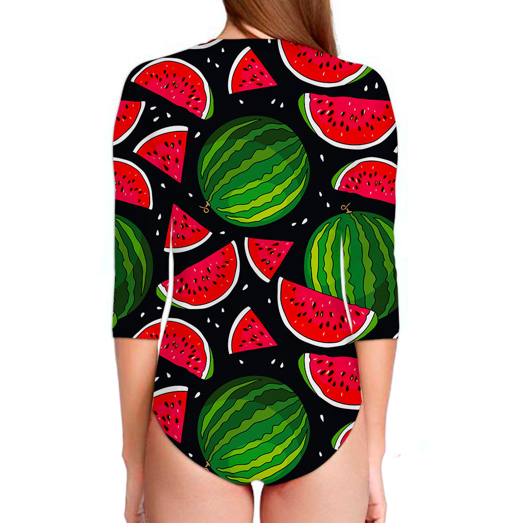 Black Watermelon Pieces Pattern Print Long Sleeve Swimsuit