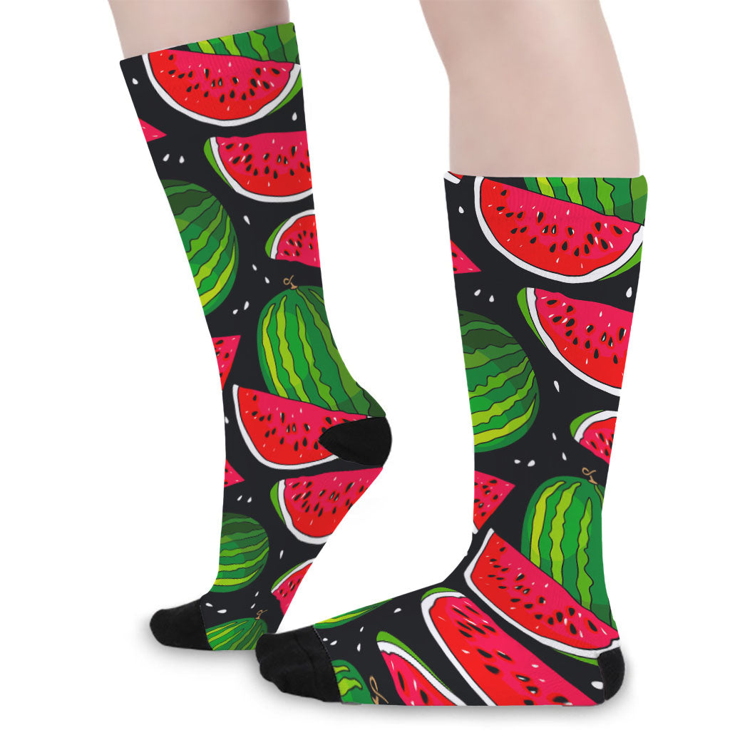 Black Watermelon Pieces Pattern Print Long Socks