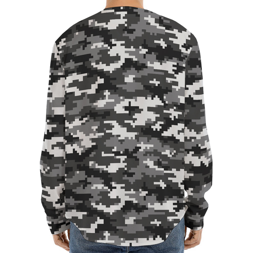Black White And Grey Digital Camo Print Long Sleeve Baseball Jersey