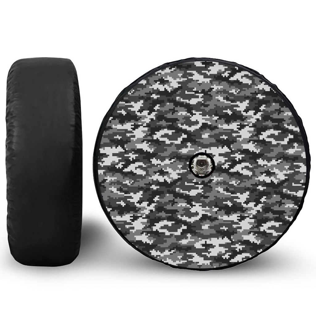 Black White And Grey Digital Camo Print Tire Cover With Camera Hole