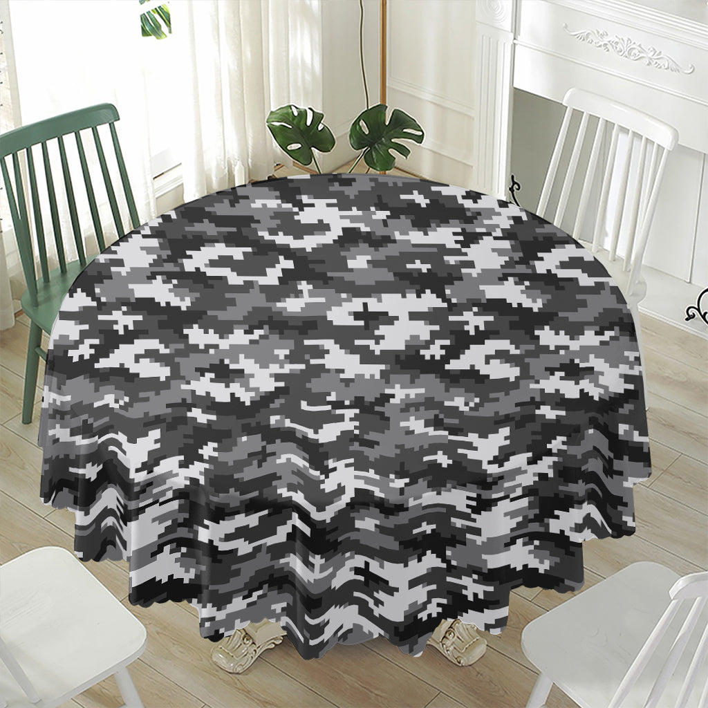 Black White And Grey Digital Camo Print Waterproof Round Tablecloth