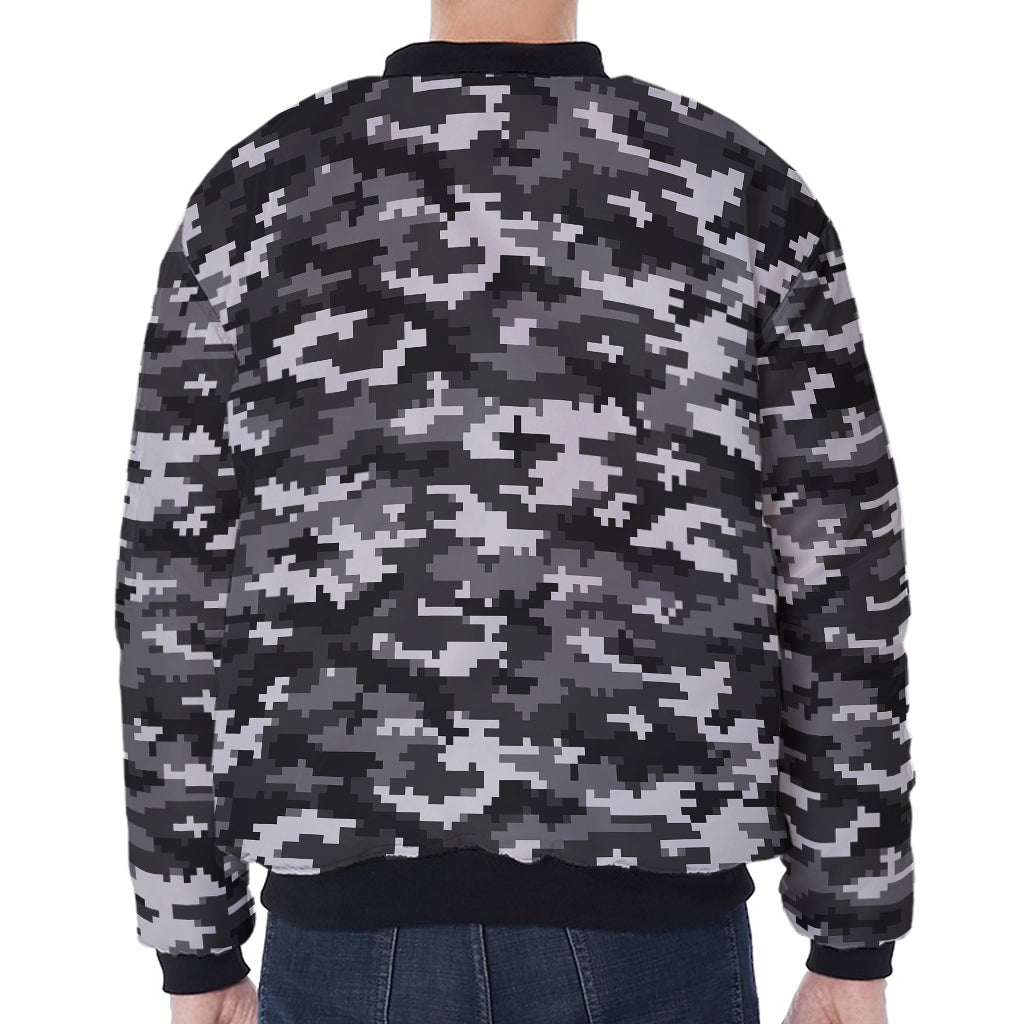 Black White And Grey Digital Camo Print Zip Sleeve Bomber Jacket